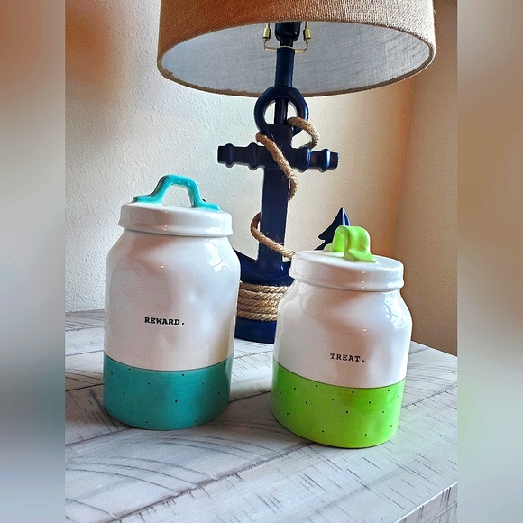 Rae Dunn Polka Dots "Reward" and "Treat" Dog Canisters EUC! - Picture 1 of 5